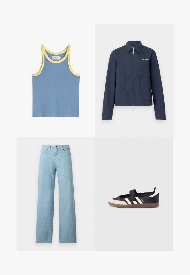 Veste zippée Carhartt bleu marine avec col pointu, manches longues, deux poches avant et logo blanc sur la poitrine gauche.; Débardeur côtelé bleu avec bordure jaune autour de l'encolure et des emmanchures, comportant une petite étiquette de marque à l'intérieur du col.; Jean en denim bleu clair à jambes larges avec bouton frontal, fermeture éclair et conception à cinq poches sur fond blanc.; Baskets noires et beiges avec une bride en velcro, trois bandes blanches sur le côté, et une semelle en caoutchouc marron texturée. Logo de la marque visible.