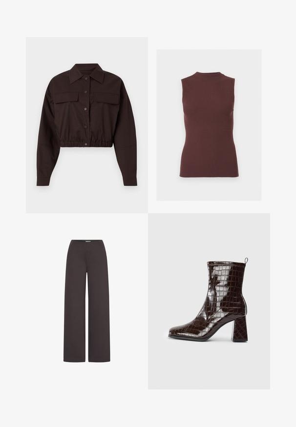 Chaqueta corta marrón oscuro con botones, mangas largas, dos bolsillos con solapa en el pecho, cuello ancho y dobladillo elástico.; Top sin mangas de punto acanalado en marrón oscuro con cuello simulado y silueta ajustada.; ICHI IHKATE WIDE PA2 - Pantalones - chocolate torte; Botín de tobillo de charol marrón oscuro con textura de cocodrilo, tacón cuadrado y asa en la parte posterior, sobre fondo blanco.