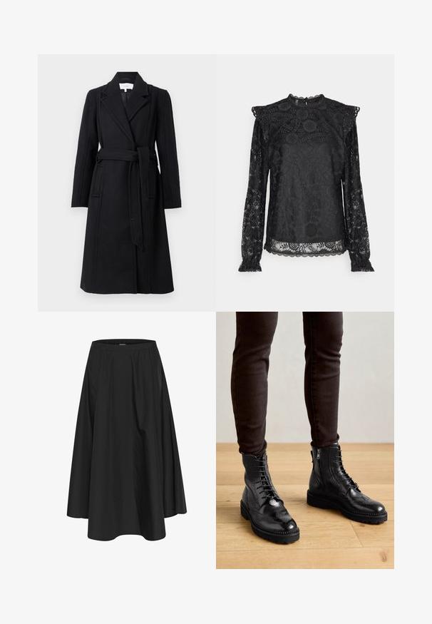 Sort uldfrakke med dobbeltrækker-design, klapkrave, lange ærmer og bælte i taljen. Har sidelommer og en glat tekstur.; PIECES Tall PCOLLINE - Bluse - black; Sort knælang nederdel med elastisk talje, der har plisseringer for volumen og en glat tekstur. Enkel, klassisk design uden udsmykninger.; Sorte læder ankelstøvler med brogue-detaljer, snørebånd foran, sideskafter og teksturerede gummisåler. Matchet med mørke slim-fit bukser.