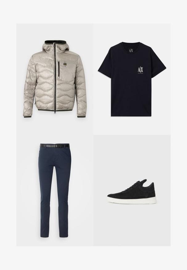 Veste matelassée gris clair avec capuche, fermeture éclair à l'avant, poche zippée sur la poitrine avec patch logo, et poignets et ourlet noirs bordés.; T-shirt en coton noir à manches courtes, col ras du cou et logo blanc sur la poitrine gauche. Texture lisse et coupe décontractée.; Pantalons en coton bleu marine avec une coupe ajustée, dotés d'une ceinture en cuir noir texturé et de poches classiques. Design épuré, sans motifs.; Baskets en daim noir avec une semelle en caoutchouc blanc, présentant des coutures tonales et un design lacé. Texture lisse avec une forme moderne et épurée.