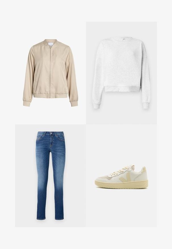 Veste bomber beige en tissu lisse, dotée d'un col rond, d'une fermeture éclair à l'avant, ainsi que de poignets et d'un ourlet élastiques. Design simple sans motifs.; Sweatshirt en coton gris avec un col rond, des épaules descendues et des poignets côtelés. Présente un ourlet court et un tissu doux et texturé.; Jeans en denim bleu avec une coupe slim, taille mi-haute, cinq poches et un léger effet de décoloration allant de la cuisse à l'ourlet.; Baskets basses beiges avec une tige en cuir lisse, bout perforé pour la respirabilité et semelle en caoutchouc assortie. Présente un logo V sur le côté.
