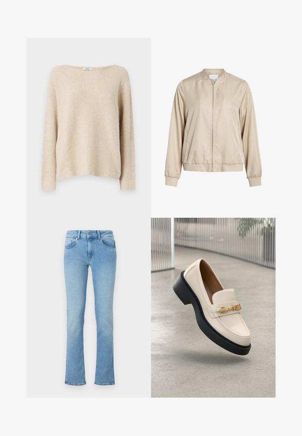 Beige Bomberjacke aus glattem Stoff mit runder Ausschnittlinie, Reißverschluss vorne sowie elastischen Bündchen und Saum. Schlichtes Design ohne Muster.; Beige gestrickter Pullover mit lockerer Passform, weitem Bootsausschnitt und gerippten Bündchen. Weiche Textur mit einem dezenten horizontalen Muster.; Hellblaue Denim-Jeans mit einer taillierten Taille, ausgestellten Beinen, Fünf-Taschen-Design und einem Knopfverschluss. Der Stoff hat eine glatte Textur.; Cremfarbener Loafer mit schwarzer Sohle und goldener Schnallendetail, schräg nach oben auf einem hellgrauen Betonboden platziert.