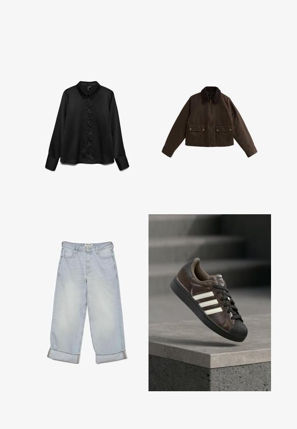 Mørkebrun cropped jakke med fløjlsstof-krave, lynlås foran og to knaplukningslommer med klap på fronten.; Sort langærmet skjorte lavet af glat stof, med knaplukning foran, klassisk krave og subtil glans. Skræddersyet pasform med manchetter.; Lyseblå denim jeans med en afslappet pasform, der har sidelommer, en rullet kant og en subtil, falmet tekstur. Brandetiket "AWARE" på taljen.; Brun lædersneaker med sort gummisål, hvidt design med tre striber, tekstureret tåhætter og sorte snørebånd, sat mod en grå baggrund.