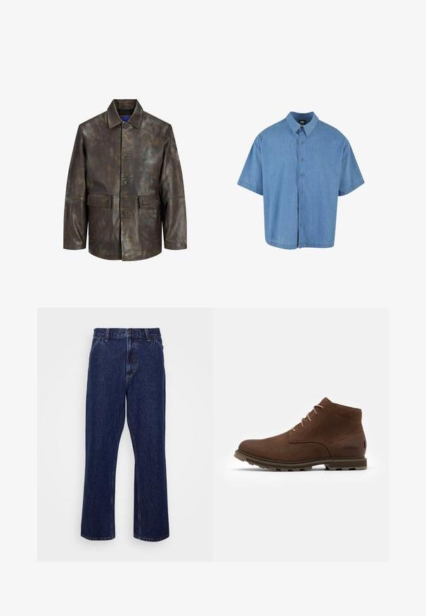 Brun læderjakke med en let slidt tekstur, der har en kravehalsudskæring, knaplukning og to forlommer.; Lyseblå kortærmet skjorte med knapper lavet af denim. Har en klassisk krave og seks knaplukninger foran.; Mørkeblå denim jeans med lige ben-design, der har knaplukning, fem lomme-stil og diskrete syninger.; Brun læder ankelstøvle med beige snørebånd, vandtæt funktion, rund tå og tekstureret gummisål med grebsmønstre.