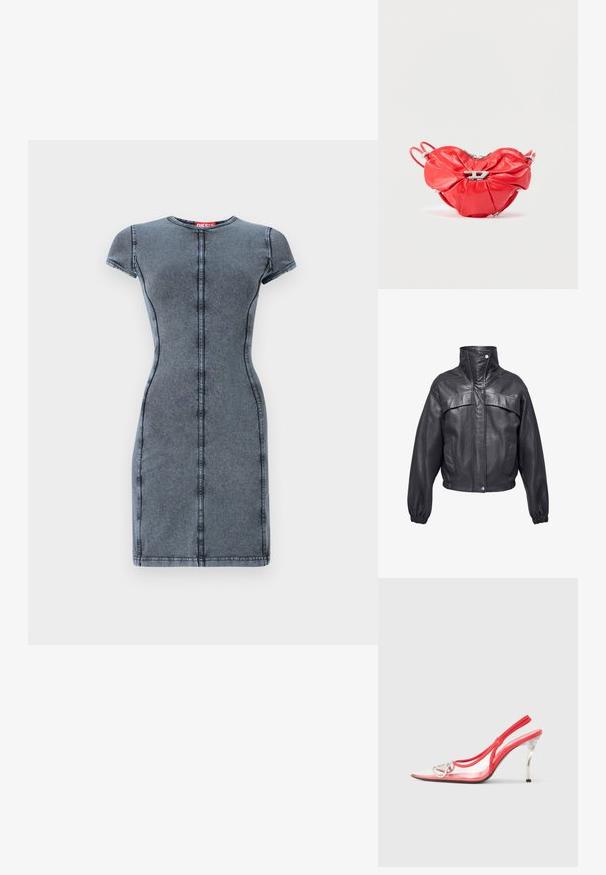 Zwarte leren jas met een hoge kraag, knoopsluiting en elastische manchetten. Heeft twee zakken aan de voorkant en decoratieve stiksels op de schouders.; Denim jurk in donkergrijs met korte mouwen, een ronde hals en centrale stiksel details. Glad textuur, getailleerd silhouet, knielang.; Rode slingback hakken met een transparante bovenkant, een spitse neus en een metallic stilettohak. Verstelbare band met logo-accent.; Rode leren handtas in hartvorm, met plooien, een zilveren rits en een opvallend metalen logo aan de voorkant.