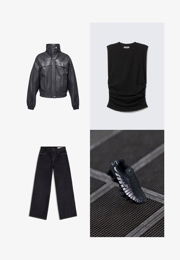 Schwarze Lederjacke mit hohem Kragen, Knopfverschluss und elastischen Bündchen. Verfügt über zwei Vordertaschen und dekorative Nähte auf den Schultern.; Schwarzes ärmelloses Top mit breiten Schulterpolstern, rundem Ausschnitt und gerafftem Stoffdetail an der Taille, im Kragen mit dem Label "Weekday".; Dunkelblaue Jeans mit weitem Bein, vorn mit Taschen, Gürtelschlaufen und kontrastierenden Nähten, flach auf einem weißen Hintergrund liegend.; Schwarzer Sportschuh mit strukturiertem Mesh-Obermaterial, silbernen Akzenten, Fußgewölbeunterstützung und gepolsterter Sohle mit auffälligem segmentiertem Design.