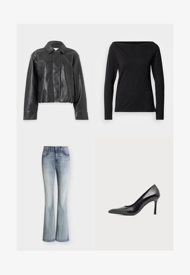 Veste courte noire en cuir synthétique avec manches longues, col pointu, fermeture avant cachée et poches fendues latérales sur fond clair.; Haut noir à manches longues avec un large décolleté bateau, fabriqué en tissu lisse et extensible, présentant une coupe ajustée et un design minimaliste.; Jean en denim bleu clair taille haute avec une légère évasement en bas et des détails délavés sur le devant des cuisses.; Chaussure à talon haut pour femme en cuir verni noir avec bout pointu et talon fin sur fond clair uni.