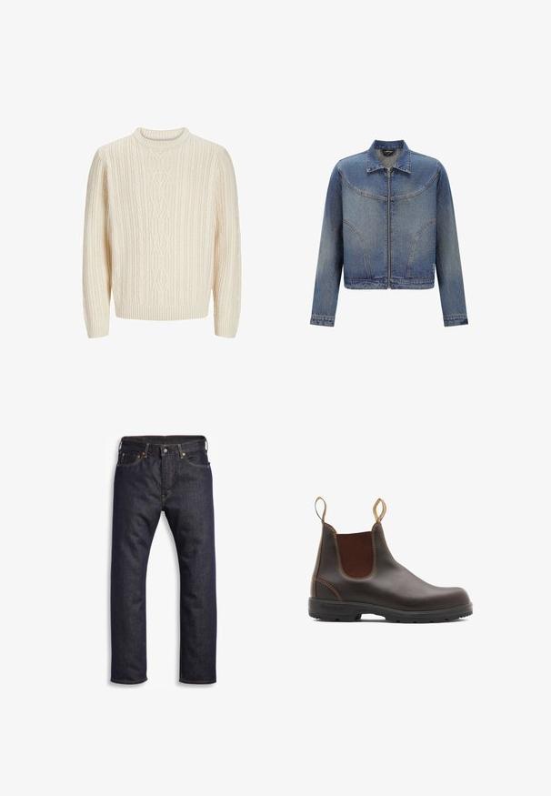 Chaqueta de denim azul con cremallera frontal, cuello clásico, mangas largas y detalles de costuras curvas en el pecho y los lados.; Jersey de punto color crema con un patrón acanalado texturizado, cuello redondo y puños y dobladillo acanalados. Tejido suave y grueso.; Vaqueros de denim azul oscuro con corte recto, diseño de cinco bolsillos, herrajes metálicos y costuras naranjas contrastantes. Textura suave, sin patrones visibles.; Botas Chelsea de cuero marrón con paneles laterales elásticos y tiradores. Parte superior texturizada, suela de goma duradera y detalle de costura en contraste.