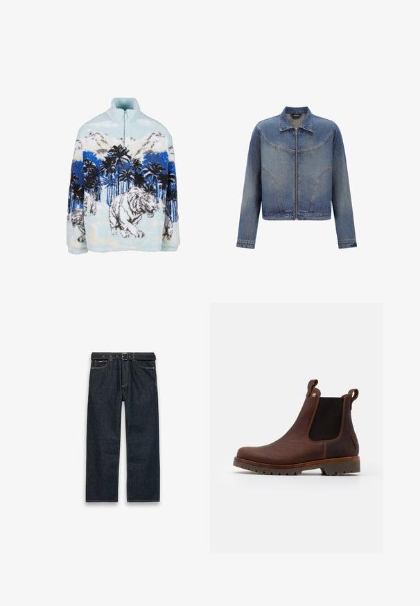 Blå denimjakke med frontlynlås, klassisk krave, lange ærmer og buede sømdetaljer på brystet og siderne.; Fleece pullover med høj krave, der har et blåt og hvidt tigermotiv blandt palmer og bjerge. Blød, fyldig tekstur.; Mørkeblå straight-leg jeans i denim med bæltestropper og sort bælte, forlommer og synlige syninger på en hvid baggrund.; Brune læder Chelsea støvle med elastiske sider, rund tå, trækstrop og struktureret gummisål, prydet med syninger og et logo.
