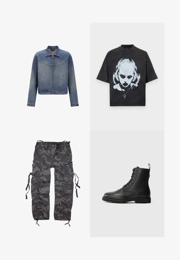 Chaqueta de denim azul con cremallera frontal, cuello clásico, mangas largas y detalles de costuras curvas en el pecho y los lados.; Camiseta negra de talla grande con un gráfico blanco de una persona calva con ojos oscuros, lápiz labial, piercings y un collar con colgante de cruz.; Pantalones cargo camuflados en tonos de gris y negro, fabricados en una tela con una superficie ligeramente texturada. Presenta múltiples bolsillos y lazos en el dobladillo.; Botín de cuero negro con punta redonda, diseño con cordones y ojales de metal. Cuenta con una suela texturizada y una lengüeta en el talón para facilitar su uso.