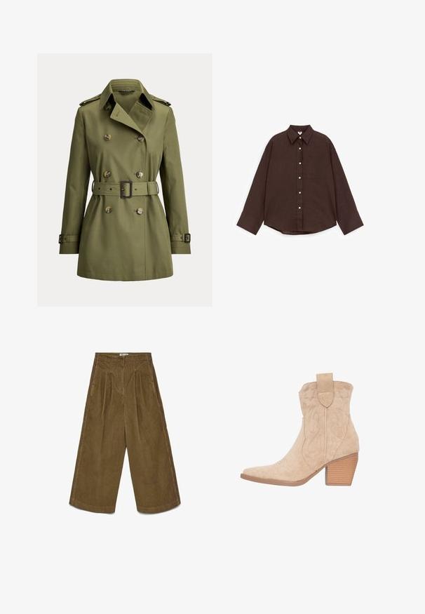 Olijfgroene double-breasted trenchcoat met epauletten, gesloten manchetten, een getailleerde taille en brede kraag.; Donkerbruine overhemd met lange mouwen, knopen aan de voorkant, een puntige kraag, een borstzak aan de voorkant en witte knopen, plat gelegd op een witte achtergrond.; Bruine wijde corduroy broek met hoge taille, voorplooien, zijzakken en een knoopsluiting.; Beige suède cowboylaarzen met een pointed toe, decoratieve stiksel en een gestapelde hak. Heeft een trekband aan de achterkant.
