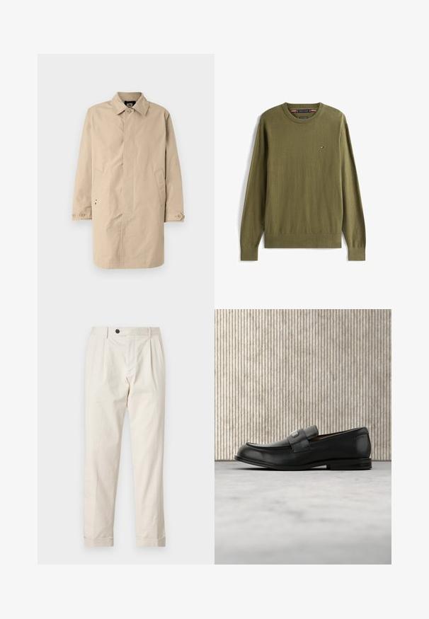 Abrigo beige hasta la rodilla con cuello, mangas largas y bolsillos laterales. Cierre de botones y tejido suave y tejido con un diseño sencillo.; Jersey de cuello redondo y mangas largas en verde oliva, con pequeño logo de Tommy Hilfiger en el pecho izquierdo y puños y dobladillo acanalados.; Pantalones color crema con un corte ajustado, con cierre de un solo botón, frente plisado y dobladillos con puños. Fabricados en un tejido ligero.; Mocasín de cuero negro con una placa metálica de marca apoyado cerca de una mesa redonda marrón sobre un suelo alfombrado beige.