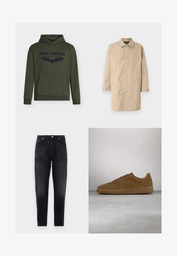Beiger, knie-langer Mantel mit einem Kragen, langen Ärmeln und Seitentaschen. Knopfverschlüsse und glattes, gewebtes Material mit einem schlichten Design.; Olivgrüner Kapuzenpullover aus Baumwolle, mit einer Kängurutasche vorne und einem marineblauen, gestickten Logo mit Flügeln. Gerippte Ärmelbündchen und Saum.; Schwarze Slim-Fit-Jeans mit fünf Taschen, Knopf vorne und dezenten Ausbleichungen an den Oberschenkeln, vor einem weißen Hintergrund präsentiert.; Brauner Veloursleder-Sneaker mit hellbraunen Schnürsenkeln und Gummisohle. Verfügt über eine abgerundete Zehenpartie und gestickte Details am Obermaterial. Leichtes Design.