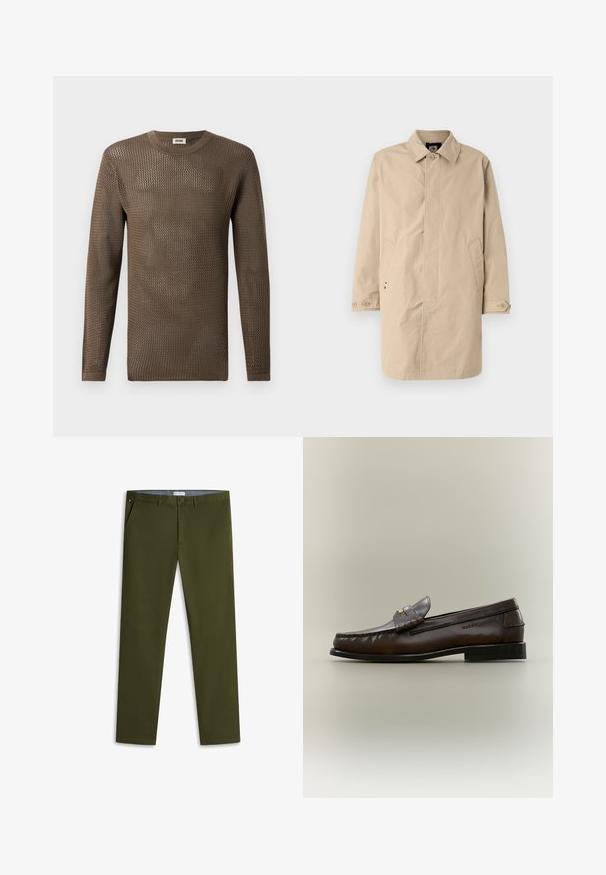 Manteau beige, mi-long, avec un col, des manches longues et des poches latérales. Fermetures à bouton et tissu tissé lisse avec un design simple.; Pull en tricot marron à manches longues avec un motif structuré et ajouré. L'encolure ronde et les poignets côtelés complètent le design.; Pantalon chino slim vert olive avec bouton et fermeture éclair à l’avant, poches latérales et passants pour ceinture, posé à plat sur fond blanc.; Mocassin en cuir marron foncé avec un petit talon noir, coutures mocassin et une bride décorative sur le dessus.