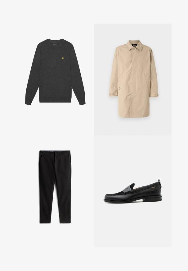 Beige, knælang frakke med krave, lange ærmer og sidelommer. Knaplukninger og glat, vævet stof med et enkelt design.; Mørkegrå sweater med rund hals lavet af blødt stof. Har et lille gult broderet logo på brystet. Lange ærmer med ribbede manchetter.; Sorte chinos lavet af en bomuldsblanding, med en lige pasform, forlommer og en diskret logo-detalje på taljen.; Sort læderloafer med grå remdetalje, lav hæl og tekstureret sål, mærket med "HUGO" i guld på siden.