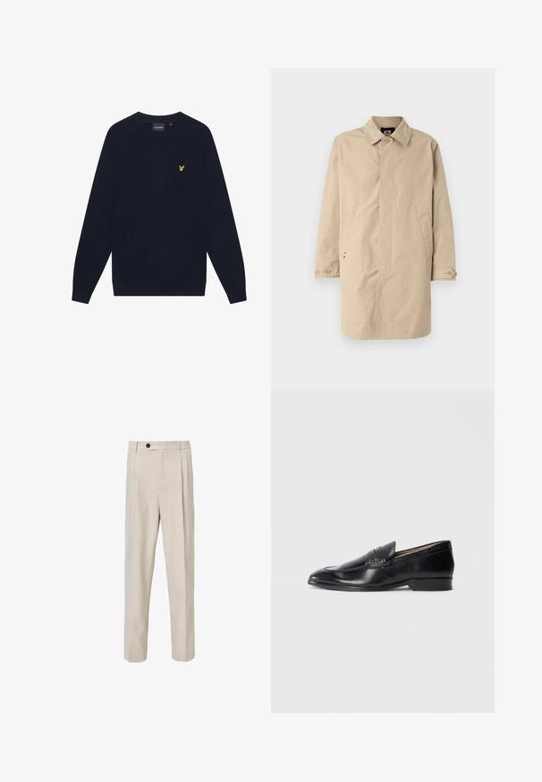 Abrigo beige hasta la rodilla con cuello, mangas largas y bolsillos laterales. Cierre de botones y tejido suave y tejido con un diseño sencillo.; Suéter de cuello redondo de manga larga en azul marino con un pequeño logotipo de águila bordado en amarillo en el lado izquierdo del pecho.; Pantalones beige tailorizados con un diseño de pierna recta, que presentan pliegues en la parte frontal, un cierre de botón y una textura de tela lisa.; Mocasin de piel negra con un acabado suave, punta afilada y un discreto detalle de costura. Presenta un tacón plano y un logo grabado en el costado.