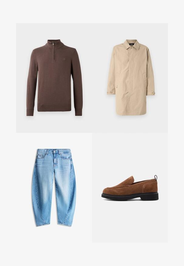 Beige, knælang frakke med krave, lange ærmer og sidelommer. Knaplukninger og glat, vævet stof med et enkelt design.; Brun strikket pullover med høj krave og kvart lynlås. Har ribbet manchetter og nederkant, samt et lille logo på brystet.; Lyseblå denimjeans med afslappet pasform, fem lommer, knaplukning og subtil falming på forreste lår.; Brune ruskind slip-on sko med rund tå, sort gummisål og en lille hæl. Har dekorativ syning på overdelen.