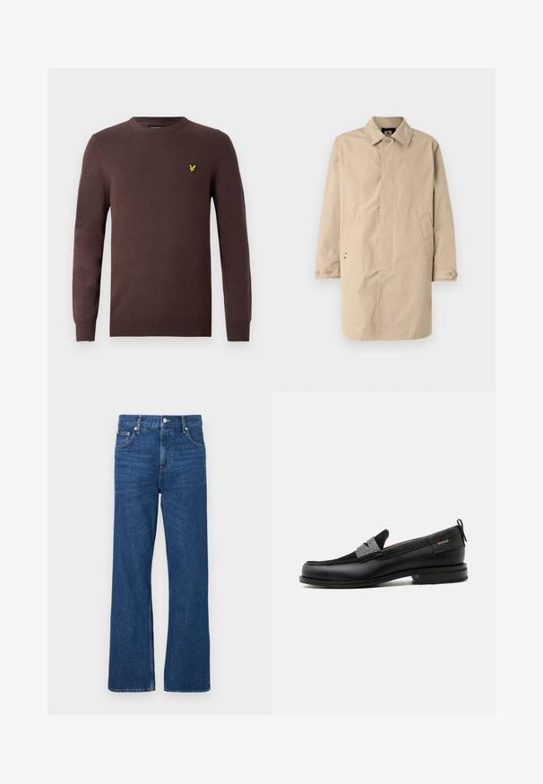 Beige, knælang frakke med krave, lange ærmer og sidelommer. Knaplukninger og glat, vævet stof med et enkelt design.; Brun sweater lavet af blødt strikstof med rund halsudskæring og lange ærmer. Broderet gul fugl som pynt på brystet.; Blå denimjeans med vid benedesign, der har en klassisk knap- og lynlåslukning samt fem lommer. Karakteristisk falmet tekstur overalt.; Sort læderloafer med grå remdetalje, lav hæl og tekstureret sål, mærket med "HUGO" i guld på siden.