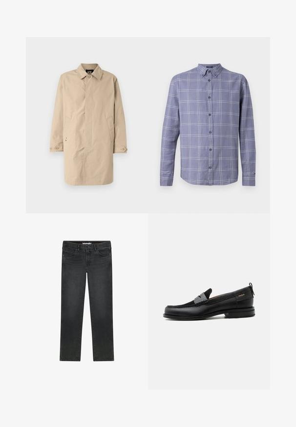 Abrigo beige hasta la rodilla con cuello, mangas largas y bolsillos laterales. Cierre de botones y tejido suave y tejido con un diseño sencillo.; Camisa de manga larga, abotonada, en un suave tejido púrpura con un patrón de cuadros en blanco. Presenta un cuello y puños abotonados.; Vaqueros Wrangler negros de corte recto con botón delantero, cremallera, trabillas para el cinturón y diseño de cinco bolsillos sobre fondo blanco.; Mocasín de cuero negro con detalle de tira gris, tacón bajo y suela texturizada, con la marca "HUGO" en oro en el lateral.