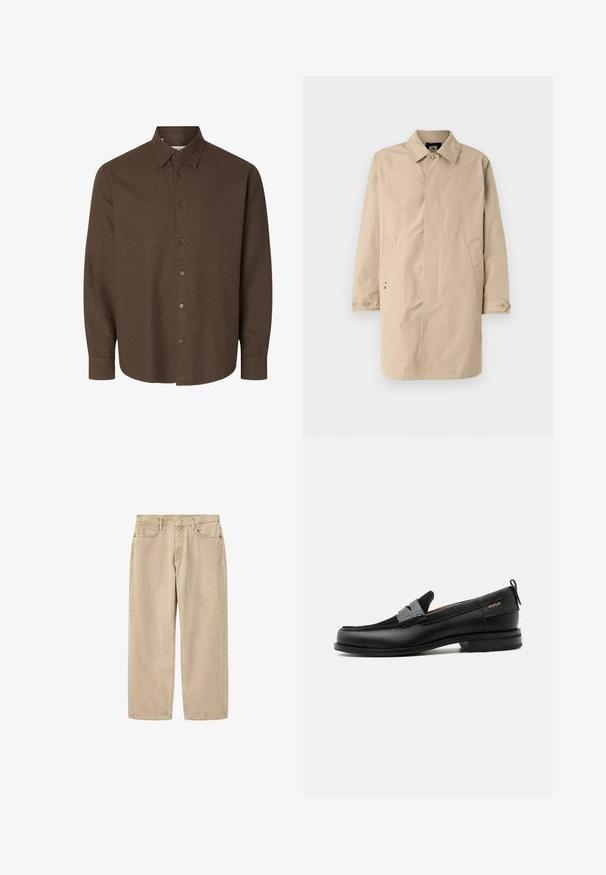 Beige, knielange jas met een kraag, lange mouwen en zijzakken. Met knoopsluitingen en een gladde, geweven stof met een eenvoudig ontwerp.; Bruin overhemd met lange mouwen en knopen, klassieke kraag en manchetten met één knoop, afgebeeld tegen een witte achtergrond.; Beige rechte jeans met voorzakken, riemlussen en knoopsluiting, afgebeeld op een witte achtergrond.; Zwarte leren loafer met grijs riemdetailelement, lage hak en gestructureerde zool, aan de zijkant gebrandmerkt met "HUGO" in goud.