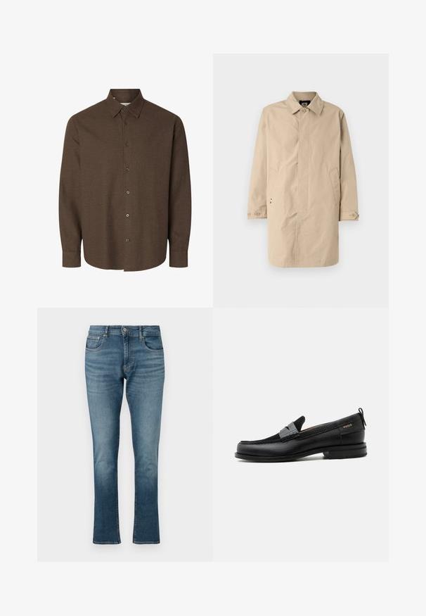 Beige, knælang frakke med krave, lange ærmer og sidelommer. Knaplukninger og glat, vævet stof med et enkelt design.; Langærmet brun skjorte med knapper, med klassisk krave og manchetter med en enkelt knap, vist mod en hvid baggrund.; Lyseblå denimjeans med lige ben, der har lynlås, knaplukning og fem-lomme design med subtilt falmede områder.; Sort læderloafer med grå remdetalje, lav hæl og tekstureret sål, mærket med "HUGO" i guld på siden.