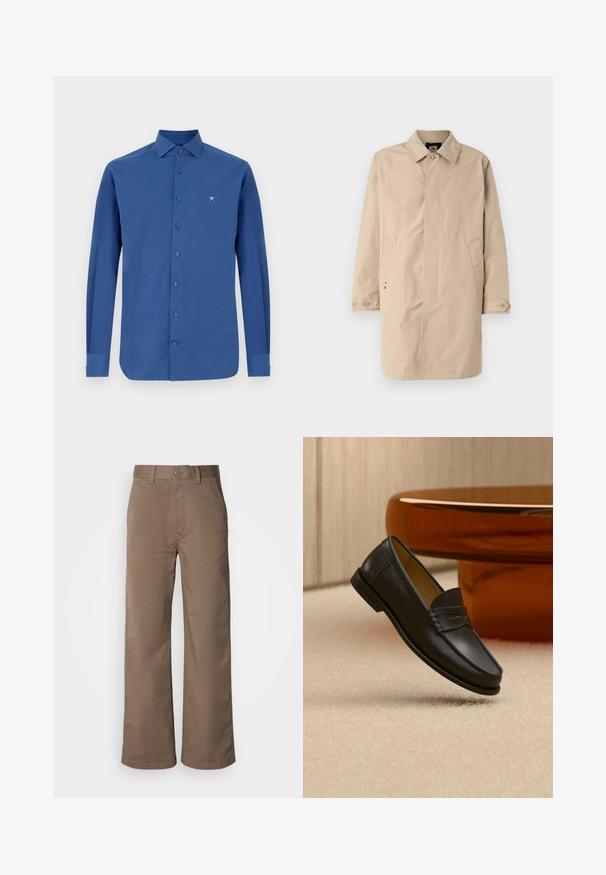 Abrigo beige hasta la rodilla con cuello, mangas largas y bolsillos laterales. Cierre de botones y tejido suave y tejido con un diseño sencillo.; Camisa azul de manga larga hecha de algodón, con un cierre frontal de botones, un cuello clásico y un sutil bordado del logo en el pecho.; Pantalones de pierna ancha color beige, fabricados en una suave mezcla de algodón, con cierre de botón, trabillas para cinturón y sin patrones visibles. Textura suave.; Zapato mocasín de cuero negro suspendido sobre una alfombra beige con muebles modernos de color ámbar en el fondo.