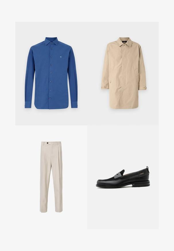 Abrigo beige hasta la rodilla con cuello, mangas largas y bolsillos laterales. Cierre de botones y tejido suave y tejido con un diseño sencillo.; Camisa azul de manga larga hecha de algodón, con un cierre frontal de botones, un cuello clásico y un sutil bordado del logo en el pecho.; Pantalones beige tailorizados con un diseño de pierna recta, que presentan pliegues en la parte frontal, un cierre de botón y una textura de tela lisa.; Mocasín de cuero negro con detalle de tira gris, tacón bajo y suela texturizada, con la marca "HUGO" en oro en el lateral.