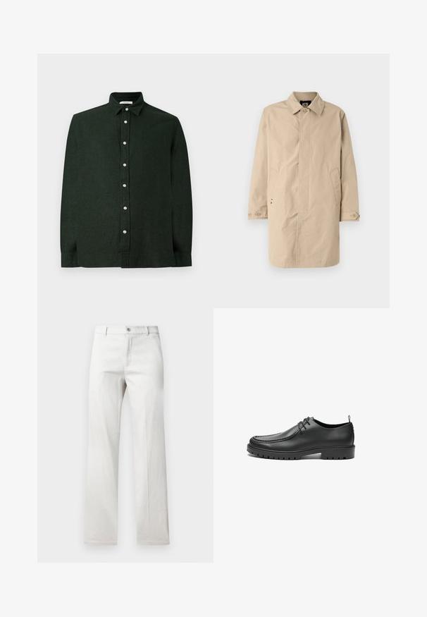 Abrigo beige hasta la rodilla con cuello, mangas largas y bolsillos laterales. Cierre de botones y tejido suave y tejido con un diseño sencillo.; Camisa de manga larga verde oscuro hecha de un tejido texturizado, con un cierre frontal de botones y un collar clásico. Diseño liso sin patrones.; Pantalones grises claros con un diseño de pierna recta, fabricados en una tela suave, con cierre frontal de botón y bolsillos laterales.; Zapatos de cuero negro con un acabado suave, punta redondeada y costuras decorativas. Cuenta con una suela de goma con surcos para tracción y un diseño de cordones.
