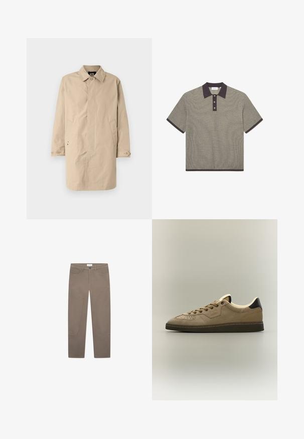 Beige, knælang frakke med krave, lange ærmer og sidelommer. Knaplukninger og glat, vævet stof med et enkelt design.; Stribet polo-shirt i grå og sort, med krave, tre-knaps lukning, korte ærmer og kontrasterende kant på kraven og sømmen.; Brune bukser med lige snit, der har forlommer og accentuerende syninger langs siderne for ekstra detaljer og tekstur.; Low-top beige ruskind sneaker med mørkebrun sål, perforeret tå, snørelukning foran og sort hælklap.