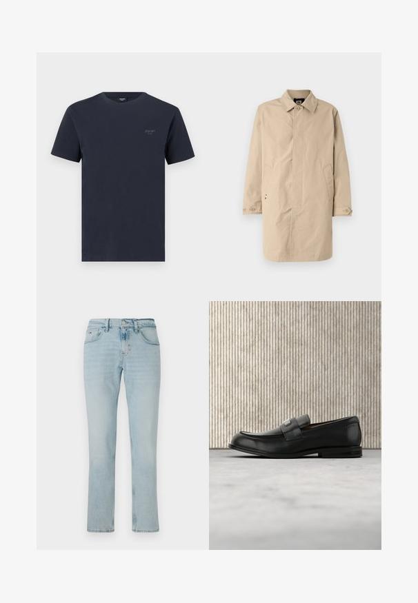 Beige, knielange jas met een kraag, lange mouwen en zijzakken. Met knoopsluitingen en een gladde, geweven stof met een eenvoudig ontwerp.; Marineblauw katoenen T-shirt met een ronde hals, korte mouwen en een klein grijs merkembleem op de linkerborst. Glad materiaal.; Lichtblauwe denim jeans met een recht pijpdesign, zachte textuur, voorzakken en subtiele vervagingpatronen. Voorzien van een knoop- en ritssluiting.; Zwarte leren loafer met een metalen merktekenplaatje, rustend bij een bruine ronde tafel op een beige tapijtvloer.