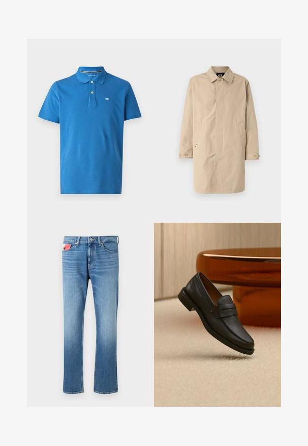 Beige, knielange jas met een kraag, lange mouwen en zijzakken. Met knoopsluitingen en een gladde, geweven stof met een eenvoudig ontwerp.; Blauwe poloshirt van katoen, met een kraag, een sluiting met twee knopen, korte mouwen en een klein logo op de borst.; Vervaagde blauwe denim jeans met een rechte pasvorm, voorzien van een knoopsluiting, vijf zakken en een label op de voorzak.; Zwarte leren herensloffen met een band over de bovenkant, getoond op een beige tapijt vlakbij een bruine moderne ronde tafel.