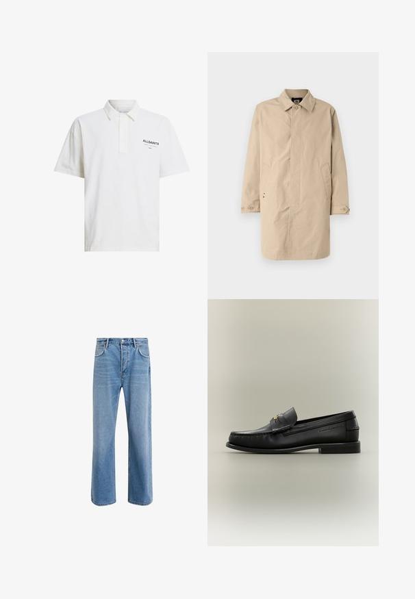 Beige, knælang frakke med krave, lange ærmer og sidelommer. Knaplukninger og glat, vævet stof med et enkelt design.; Hvid polo skjorte lavet af bomuld med korte ærmer, en knaplukket krave, og et sort logo på venstre side. Glat tekstur, klassisk pasform.; Lyseblå denim jeans med lige ben-design, fem lommer, knaplukning, minimal falming og kontraststingdetaljer.; Sort læder slip-on loafer med lav hæl, guldbeslag og præget mærkenavn på siden mod en neutral baggrund.