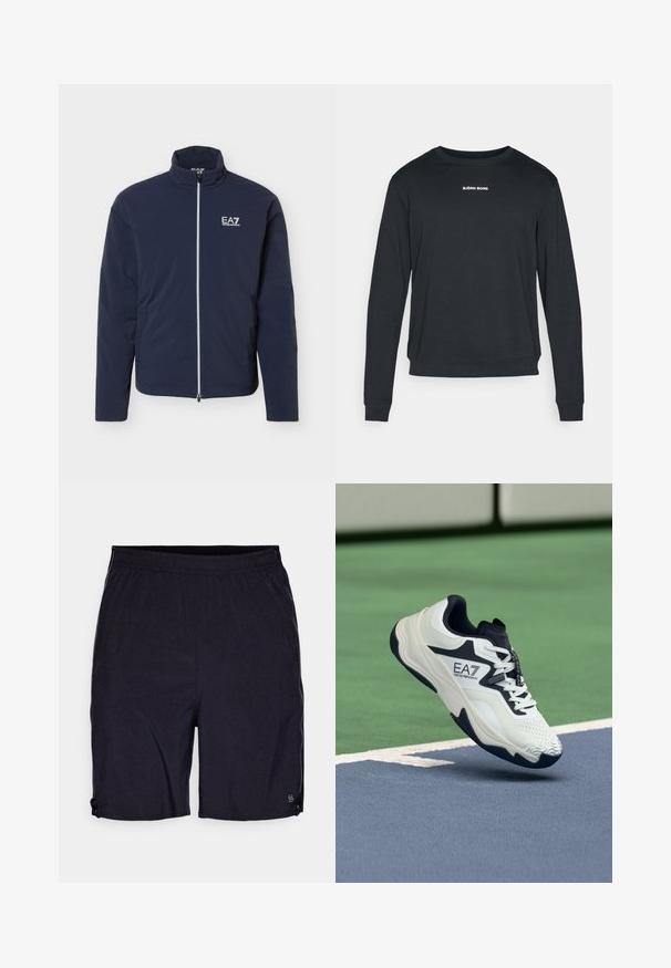 Tmavomodrá ľahká bunda s celopredným zipsom a bielym logom EA7 Emporio Armani na ľavej strane hrudníka, vysoký golier a dlhé rukávy.; Čierna mikina s dlhým rukávom vyrobená z mäkkej tkaniny, s okrúhlym výstrihom, rebrovanými manžetami a bielym logom potlačeným na hrudi.; Čierne športové šortky z pružného materiálu, s elastickým pásom, bočnými zipsovými vreckami a malým logom na dolnom leme.; Bielo-námornícka športová obuv s textúrovaným zvrškom, vystlaným golierom a vzorovanou podrážkou, so znakom EA7 na boku.