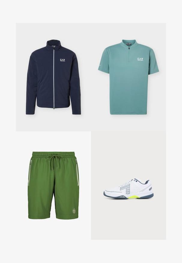 Marineblaue, leichte Jacke mit durchgehendem Reißverschluss vorne und weißem EA7 Emporio Armani-Logo auf der linken Brust, hohem Kragen und langen Ärmeln.; Hellblaues Sportshirt mit kurzen Ärmeln, Viertelreißverschluss und weißem EA7 Emporio Armani-Logo auf der linken Brust und am Ärmel.; Grüne Shorts mit elastischem Bund und Kordelzug. Zwei Seitentaschen mit weißen Reißverschlüssen. Glattes, leichtes Material. Logo am Saum.; Weißer Sportschuh mit dunkelgrauer Sohle, hellgelbem Akzent, schwarzem gestreiftem Design und EA7-Logo an der Seite, auf einfachem Hintergrund dargestellt.