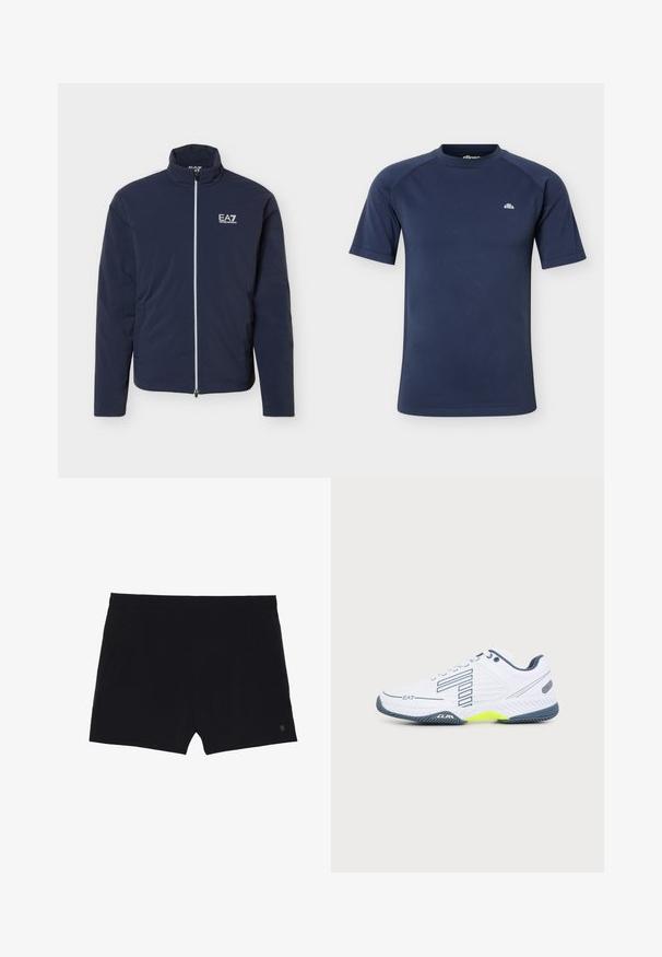 Navyblå letvægtsjakke med fuld lynlås foran og hvidt EA7 Emporio Armani-logo på venstre bryst, høj krave og lange ærmer.; Marineblå kortærmet træningsshirt med rund hals og lille hvidt logo på venstre bryst.; Sorte sportsshorts med en glat tekstur, elastisk talje og to sidelommer. Har et lille logo nederst til højre.; Hvid atletiksko med mørkegrå sål, lysegult accent, sort stribet design og EA7-logo på siden, vist på ensfarvet baggrund.