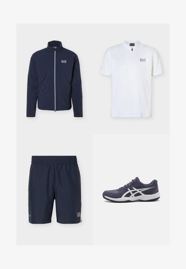 Donkerblauwe lichtgewicht jas met volledige voorrits en wit EA7 Emporio Armani-logo op de linkerborst, hoge kraag en lange mouwen.; Witte polo met korte mouwen, een kwart ritssluiting en EA7 Emporio Armani-logo op de linkerborst en halslabel.; Navy blauwe heren sportshorts met elastische tailleband en wit logo op de linker zoom, afgebeeld op een effen lichte achtergrond.; Donkerblauwe sport schoenen met witte accenten, textuur aan de bovenkant, laag uitgesneden ontwerp, gevoerde zool en vetersluiting.
