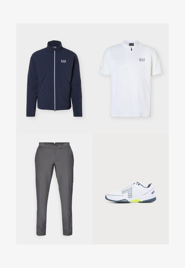 Navyblå letvægtsjakke med fuld lynlås foran og hvidt EA7 Emporio Armani-logo på venstre bryst, høj krave og lange ærmer.; Hvid polo med korte ærmer, kvart lynlås og EA7 Emporio Armani-logo på venstre bryst og kraveetiket.; Grå bukser lavet af glat stof. Har en skræddersyet pasform med flad front, bæltestropper og knaplukning. Klassisk design.; Hvid atletiksko med mørkegrå sål, lysegult accent, sort stribet design og EA7-logo på siden, vist på ensfarvet baggrund.