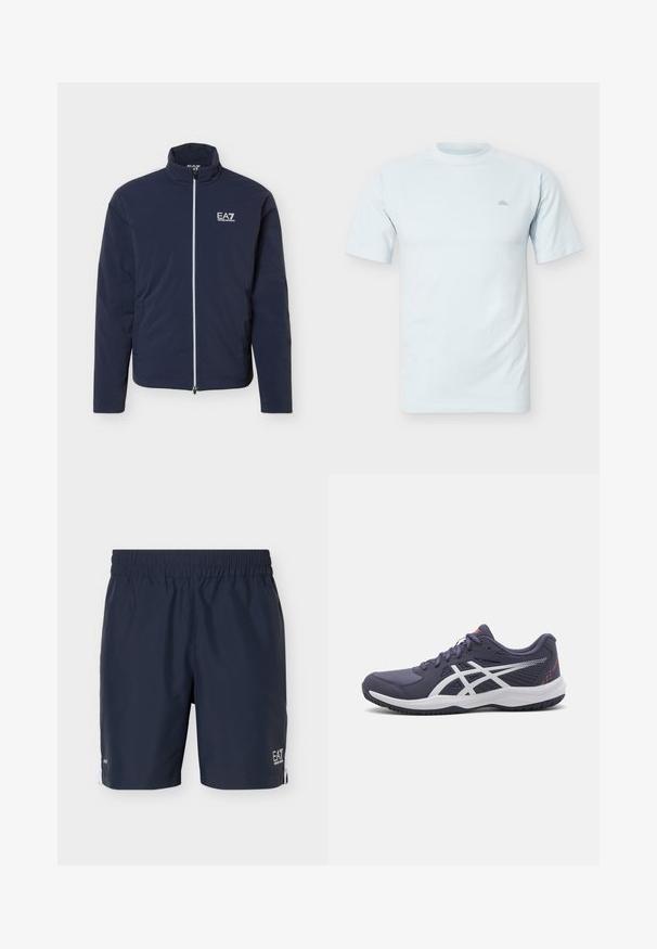 Tmavomodrá ľahká bunda s celopredným zipsom a bielym logom EA7 Emporio Armani na ľavej strane hrudníka, vysoký golier a dlhé rukávy.; Jednoduché svetlomodré tričko s krátkym rukávom a okrúhlym výstrihom, s malým nenápadným logom na ľavej strane hrudníka.; Tmavomodré pánske športové šortky s elastickým pásom a bielym logom na ľavom okraji, zobrazené na jednoduchom svetlom pozadí.; Tmavomodré športové topánky s bielymi akcentmi, textúrovaný materiál, nízky strih, vyprofilovaná podrážka a šnurovacie uzatvorenie.
