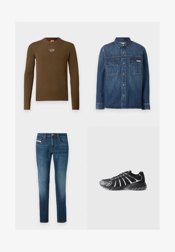 Camisa de mezclilla azul oscuro de manga larga con botones al frente, dos bolsillos con solapa en el pecho y una pequeña etiqueta de Calvin Klein en el bolsillo derecho.; Top de manga larga de canalé marrón con cuello redondo y un parche con logo en el pecho. La textura es suave y ajustada, fabricada en material elástico.; Jeans de denim en azul oscuro con un ligero desgaste, diseño de pierna recta, cinco bolsillos y detalles de costura en contraste.; Zapatilla deportiva negra con detalles en blanco, que presenta un upper texturizado, un diseño curvado y una suela de goma con tacos prominentes para mayor tracción.