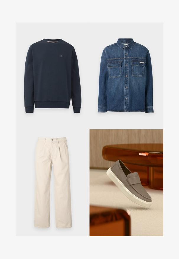 Donkerblauw denim shirt met lange mouwen, knoopsluitingen aan de voorkant, twee klepzakken op de borst en een klein Calvin Klein-label op de rechterzak.; Marineblauwe sweatshirt van zacht materiaal, met een ronde hals, lange mouwen en een klein logo op de borst. Eenvoudig ontwerp, zonder patronen.; Beige wijde broek met hoge taille, met voorplooien, een knoopsluiting aan de voorkant en een zachte katoen stof.; Grijze suède instapschoen met witte zool, zwevend boven een beige tapijt, met doorschijnend oranje meubilair op de achtergrond.