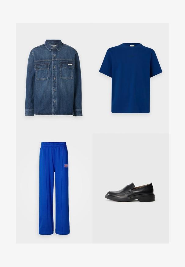 Langærmet mørkeblå denimskjorte med knapper foran, to brystlommer med klap og et lille Calvin Klein-mærke på den højre lomme.; Ensfarvet blå T-shirt med korte ærmer, rund hals og et diskret lille logotekst centralt på brystet mod en ensfarvet baggrund.; Lyseblå elastiske sweatpants med lige ben og et lille rødt og hvidt "VERY" logo på højre lår.; Sorte læder slip-on dress sko med lav hæl og subtil Calvin Klein logo på siden, vist i profil på en hvid baggrund.