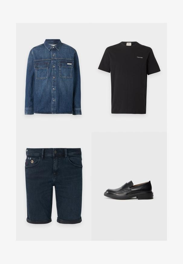 Chemise en jean bleu foncé à manches longues avec fermeture boutonnée, deux poches poitrine à rabat et une petite étiquette Calvin Klein sur la poche droite.; T-shirt décontractée noire à manches courtes avec col rond et petit logo blanc "Calvin Klein" sur la poitrine gauche.; Shorts en denim bleu foncé avec revers roulés, passants pour ceinture, poches avant et fermeture par bouton métallique.; Chaussure habillée noire en cuir, à enfiler, avec un petit talon et un logo Calvin Klein discret sur le côté, présentée de profil sur un fond blanc.