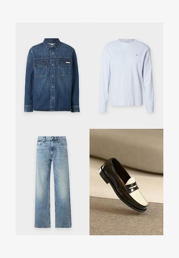 Donkerblauw denim shirt met lange mouwen, knoopsluitingen aan de voorkant, twee klepzakken op de borst en een klein Calvin Klein-label op de rechterzak.; Lichtblauw, lange mouwen, wafelgebreid shirt met ronde hals, geribbelde manchetten en een klein rood-wit "CK" logo op de linkerborst.; Lichtblauwe denim jeans met rechte pijpen, een hoge taille, vijf zakken, knoopsluiting en subtiele vervaging op de dijen en knieën.; Zwarte leren instapper met een crèmekleurige bovenkant en zwarte accentstrepen, kenmerkend door een lage hak en gedetailleerde stiksels langs de randen.