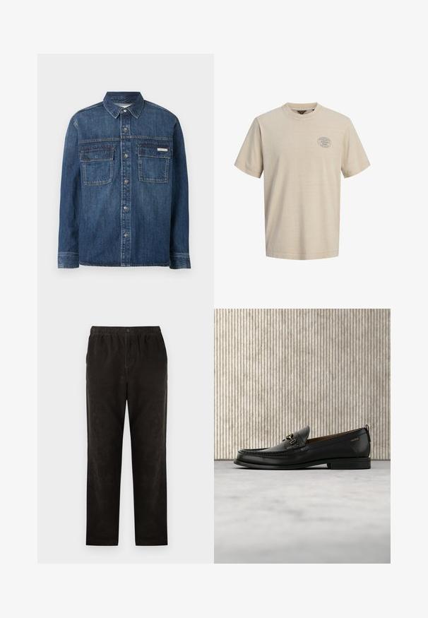 Dunkelblaues Denim-Hemd mit langen Ärmeln, Knopfleiste vorne, zwei Brusttaschen mit Klappen und einem kleinen Calvin Klein-Label auf der rechten Tasche.; Beiges T-Shirt mit kurzen Ärmeln, kleinem rundem Jack & Jones Premium-Logo auf der linken Brust, schlichtes Design, Rundhalsausschnitt.; Schwarze Cordhosen mit geradem Bein, elastischem Bund und einem einzigen Knopfverschluss. Glatte Textur, minimale Details.; Schwarzer Lederloafer mit goldfarbenem Metallbit und "HUGO"-Markenlogo, präsentiert vor einem beigen Teppich und braunen durchsichtigen Möbelstücken.