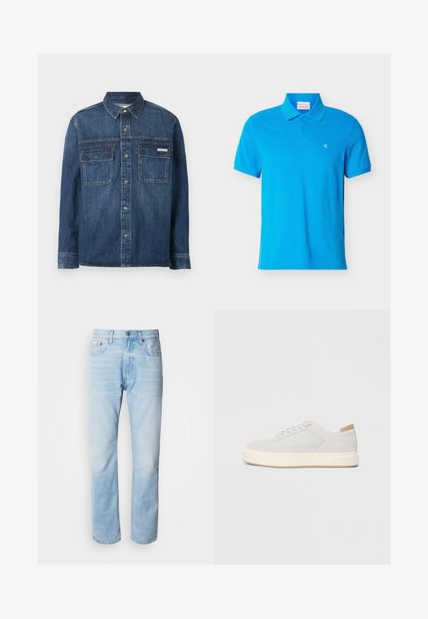 Langærmet mørkeblå denimskjorte med knapper foran, to brystlommer med klap og et lille Calvin Klein-mærke på den højre lomme.; Blå kortærmet polo med krave og to-knaps lukning, lille hvidt "cK" logo på venstre bryst.; Lyseblå denimjeans med lige ben, har slidte sektioner, fem lomme-design og en klassisk knapåbning.; Lys grå sneakers med en glat syntetisk overdel, rund tå og en struktureret crème mellemsål. Lysebrune accenter på hælen.