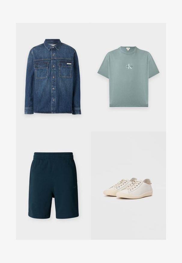 Chemise en jean bleu foncé à manches longues avec fermeture boutonnée, deux poches poitrine à rabat et une petite étiquette Calvin Klein sur la poche droite.; T-shirt à manches courtes bleu sarcelle clair avec col rond, logo Calvin Klein centré en texte blanc et noir sur le devant.; Shorts à taille élastique bleu foncé, coupe droite, avec un logo discret sur la cuisse droite, présentés sur un fond neutre.; Baskets blanches en cuir lisse avec des coutures ton sur ton, fermeture à lacets, bout arrondi et semelle en caoutchouc texturée.