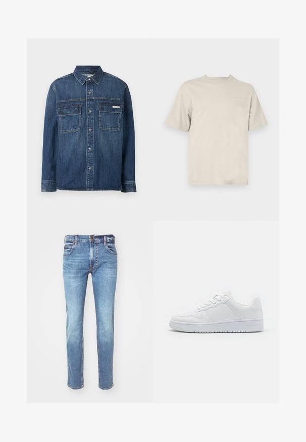 Chemise en jean bleu foncé à manches longues avec fermeture boutonnée, deux poches poitrine à rabat et une petite étiquette Calvin Klein sur la poche droite.; T-shirt beige à manches courtes en coton doux, avec un col rond et un petit logo imprimé sur la poitrine gauche.; Jean en denim bleu clair avec une coupe droite, design à cinq poches et coutures contrastantes, présentant une finition délavée et une coupe classique.; Baskets blanches en matière synthétique lisse, avec des lacets plats, une pointe perforée et une semelle en caoutchouc dotée d'un motif de grip texturé.