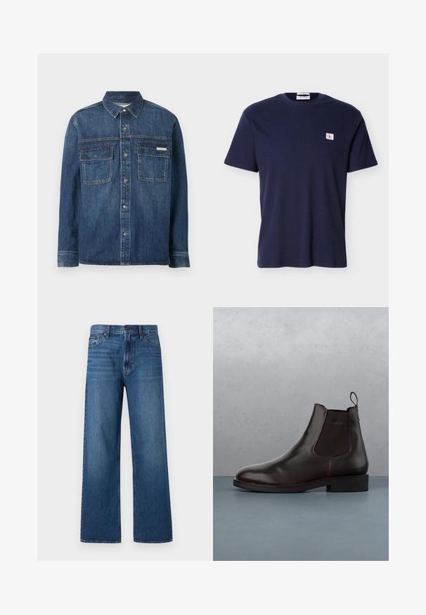 Langærmet mørkeblå denimskjorte med knapper foran, to brystlommer med klap og et lille Calvin Klein-mærke på den højre lomme.; Marineblå kortærmet ribstrikket t-shirt med rund hals og lille Calvin Klein logo-patch på venstre bryst.; Blå, højtaljede, straight-fit jeans med knapper og lynlås foran, fem lommer og en lille mærket patch på højre lomme.; Brune læder Chelsea støvle med elastiske sidepaneler, en hælletab, og en glat finish, placeret på en tekstureret murstens- og grusoverflade.