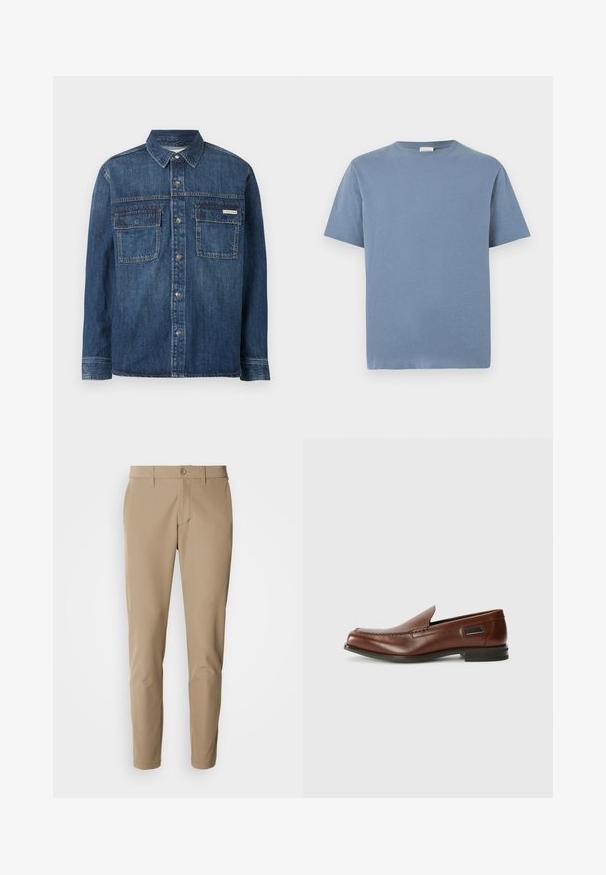 Donkerblauw denim shirt met lange mouwen, knoopsluitingen aan de voorkant, twee klepzakken op de borst en een klein Calvin Klein-label op de rechterzak.; Lichtblauw T-shirt met korte mouwen gemaakt van zacht katoen. Heeft een ronde hals en een relaxte pasvorm. Geen patronen of opvallende accenten.; Beige broek van gladde stof met een rechte snit, voorzien van een knoopsluiting en voorzakken, en inclusief riemlussen.; Stuart Weitzman BURT - Instappers - auburn