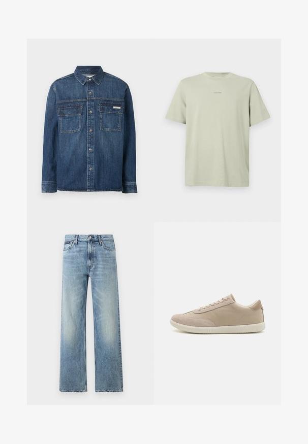Langærmet mørkeblå denimskjorte med knapper foran, to brystlommer med klap og et lille Calvin Klein-mærke på den højre lomme.; Lys grøn bomulds t-shirt med rund hals, korte ærmer og et lille Calvin Klein-logo i en mørkere nuance trykt på brystet.; Lyseblå denim jeans med lige ben, højt talje, fem lommer, knaplukning og diskrete falmede områder på lår og knæ.; Beige sneakers lavet af en blanding af ruskind og lærred, med snørebånd, rund tå, textureret sål og et subtilt brandlogo på siden.